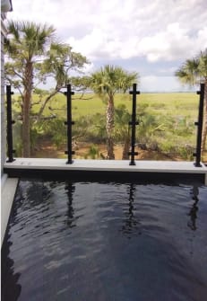 Black surface-mount barrier posts with glass panels edge a plunge pool overlooking palms and coastal marsh.