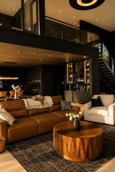 A black FLIGHT Mono with glass railing rises behind a leather sofa in a moody dark-walled great room.