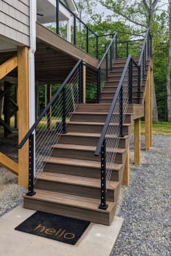 Black cable railing lines a tall composite deck staircase rising to an elevated porch over gravel.