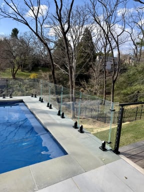 Frameless glass on black talon spigots fences a pool deck, meeting black cable railing among mature trees
