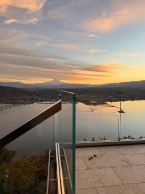 Glass railing on terrace overlooking river