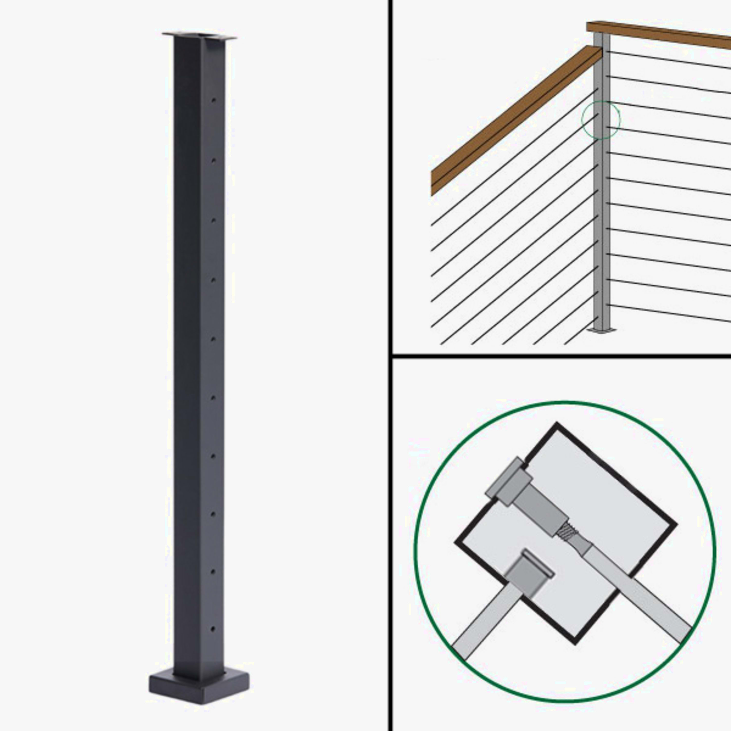 Signature Slim Rod Railing, Surface Mount, Flat Top, Different Height Angle to Level Corner Transition Post