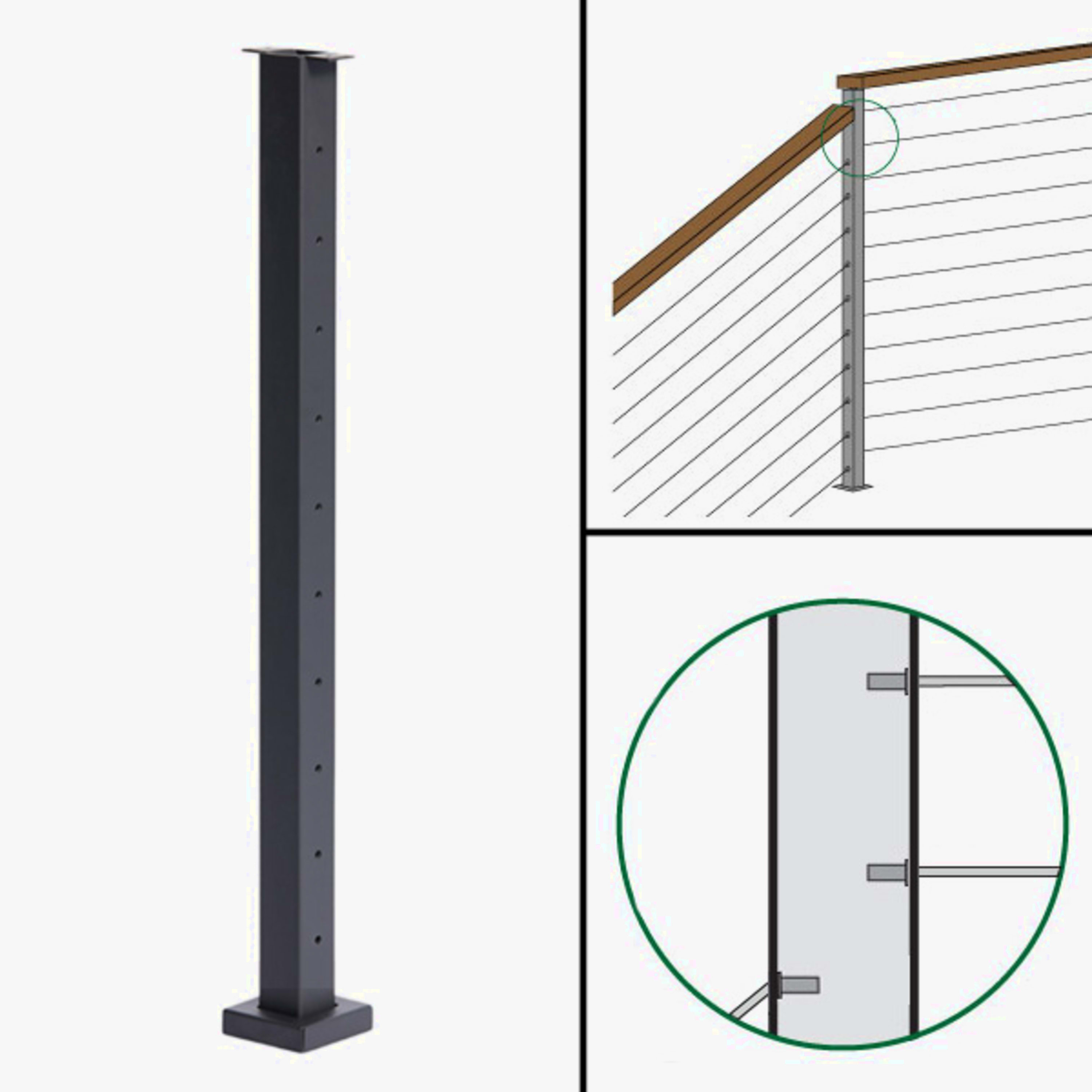 Signature Slim Rod Railing, Surface Mount, Flat Top, Different Height Angle to level Straight Transition Post
