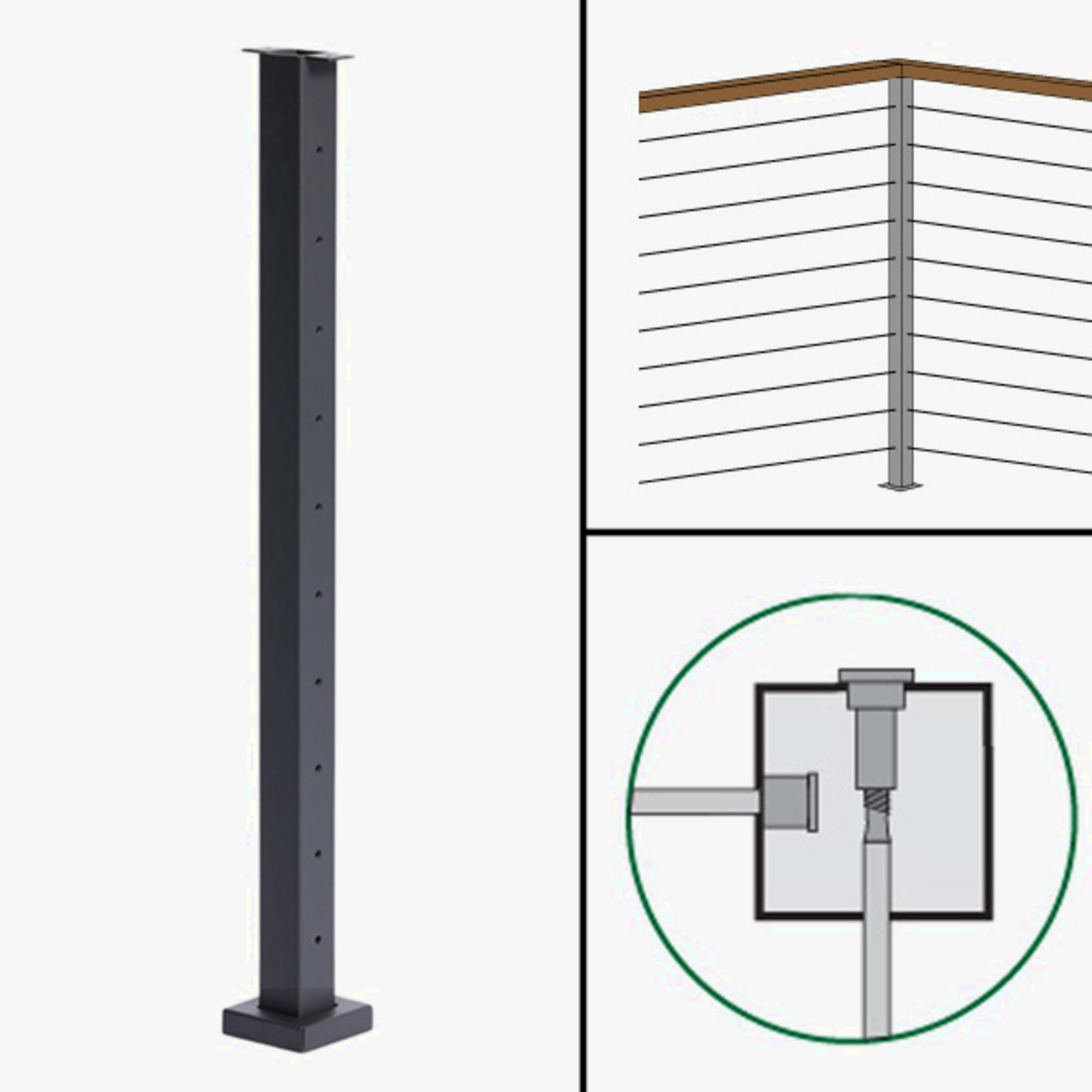 Signature Slim Rod Railing, Surface Mount, Flat Top, Level Corner Post
