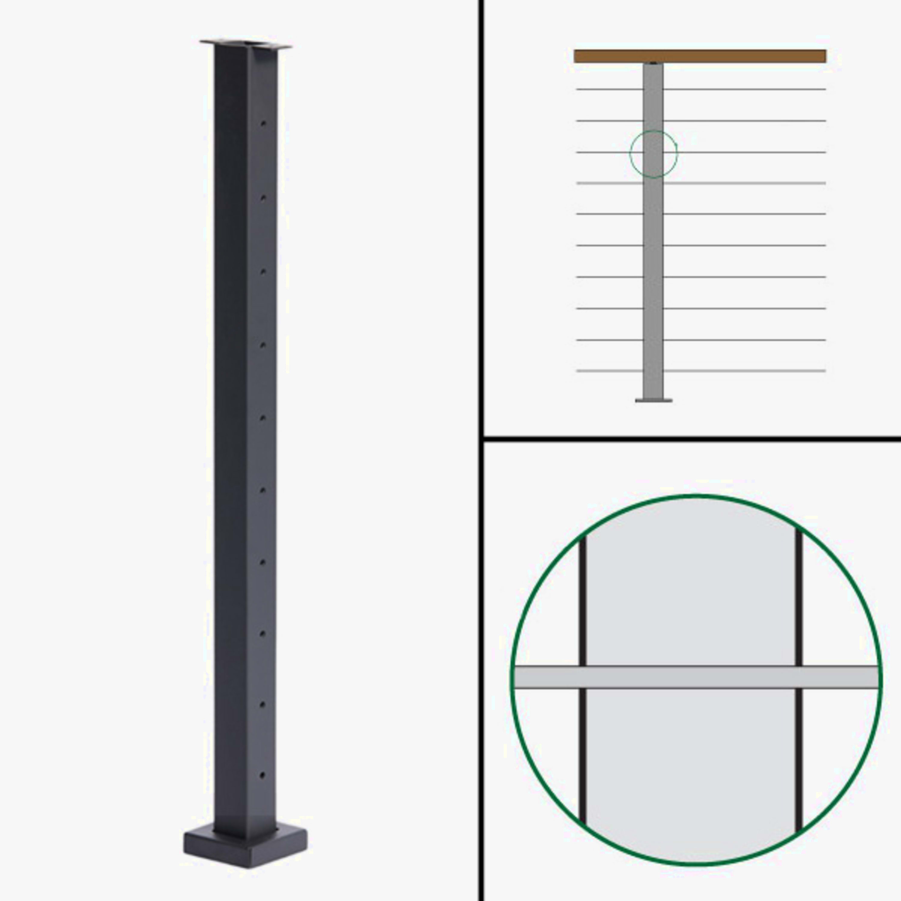 Signature Slim Rod Railing, Surface Mount, Flat Top, Level Passthrough Post
