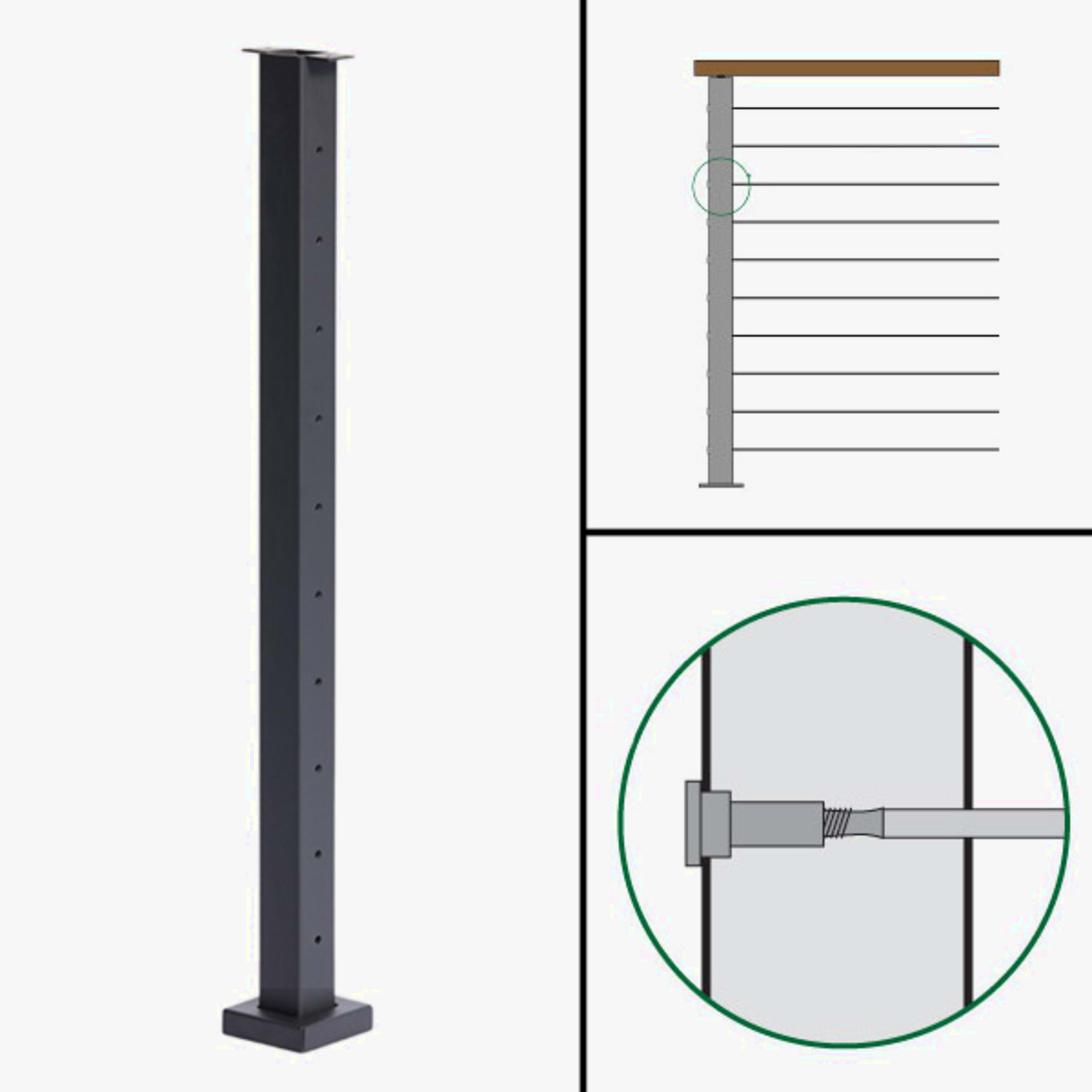 Signature Slim Rod Railing, Surface Mount, Flat Top, Level Tension Post