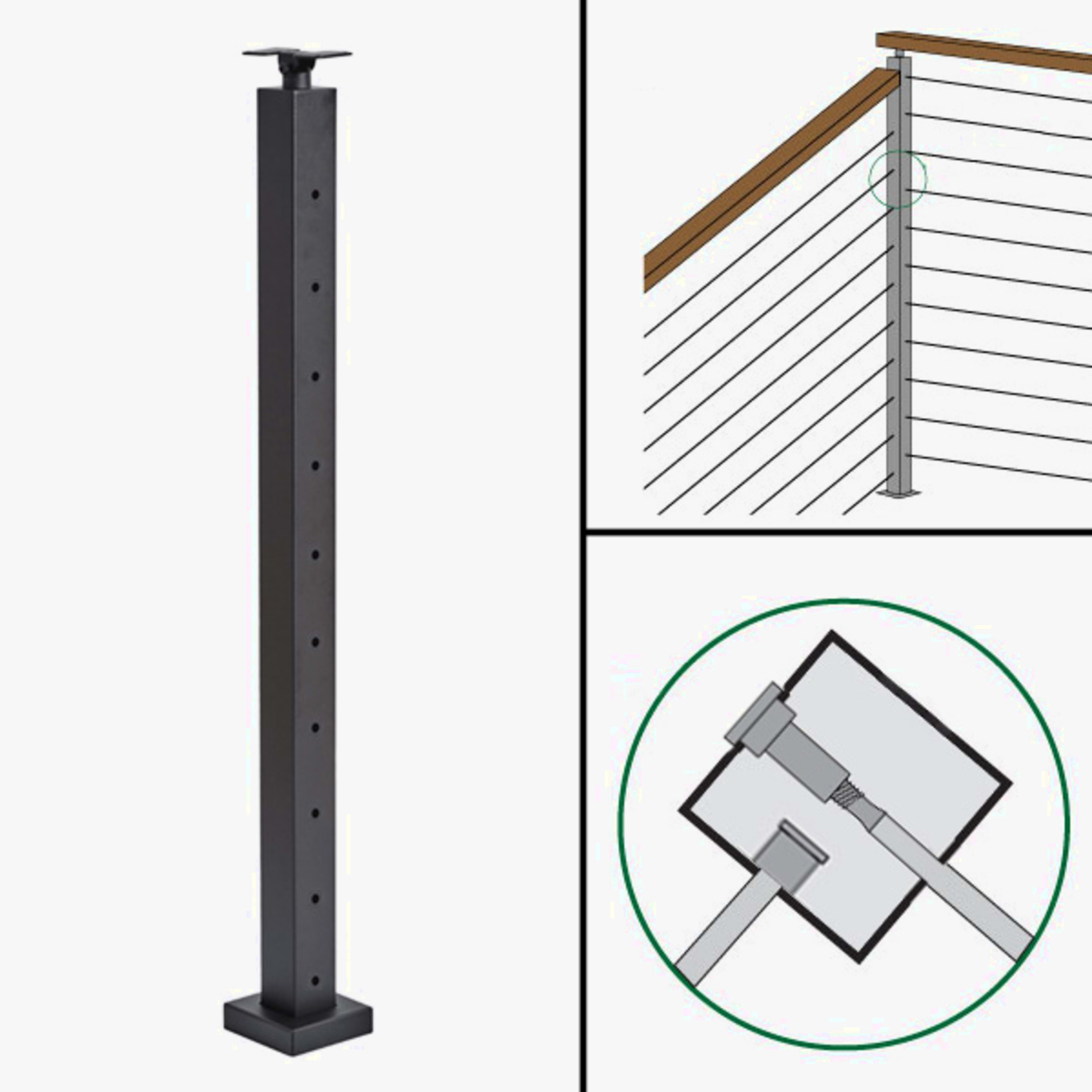 Signature Slim Rod Railing, Surface Mount, Universal Top, Different Height Angle to Level Corner Transition Post