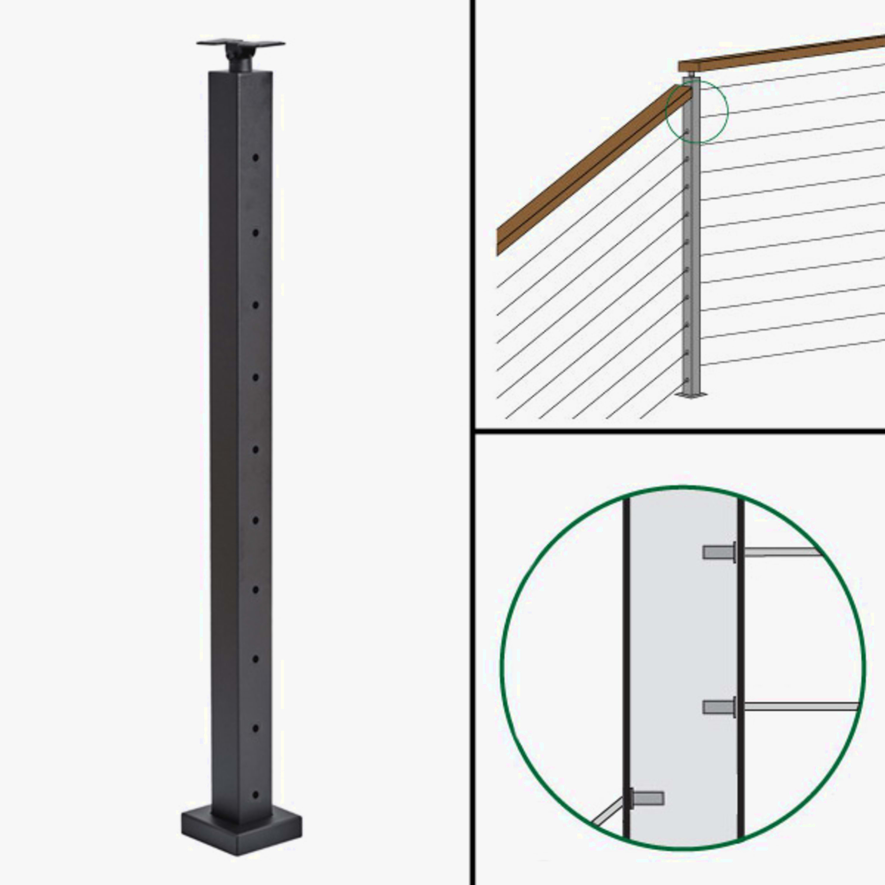 Signature Slim Rod Railing, Surface Mount, Universal Top, Different Height Angle to level Straight Transition Post