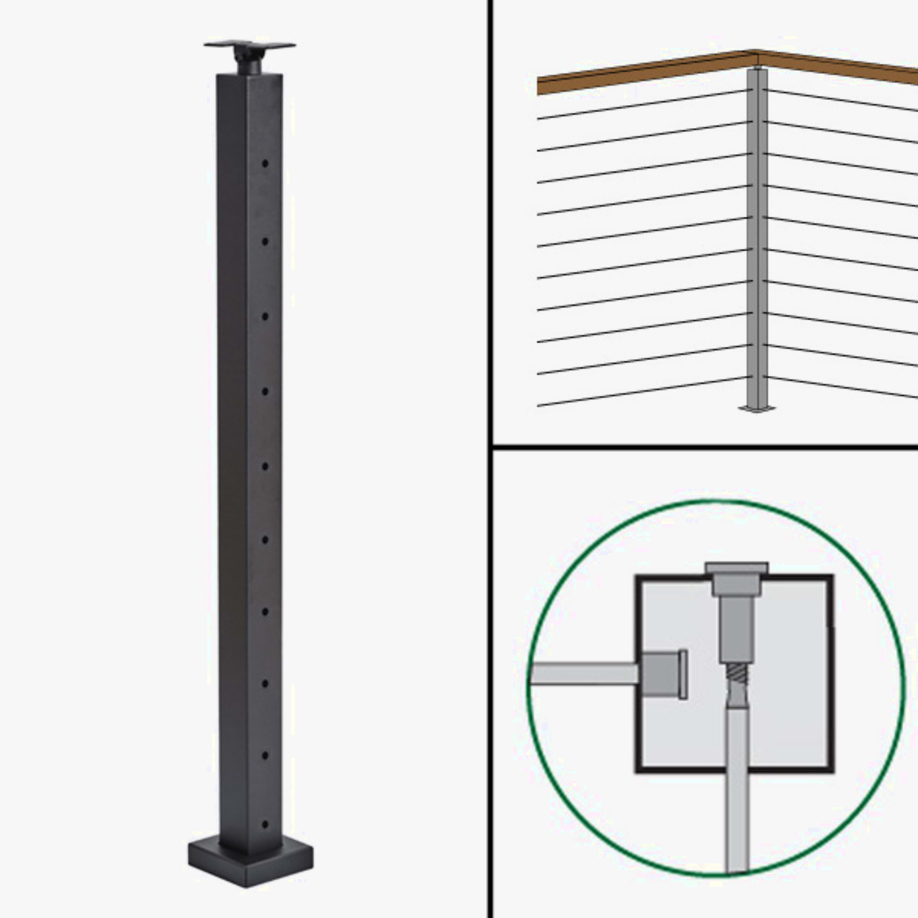 Signature Slim Rod Railing, Surface Mount, Universal Top, Level Corner Post