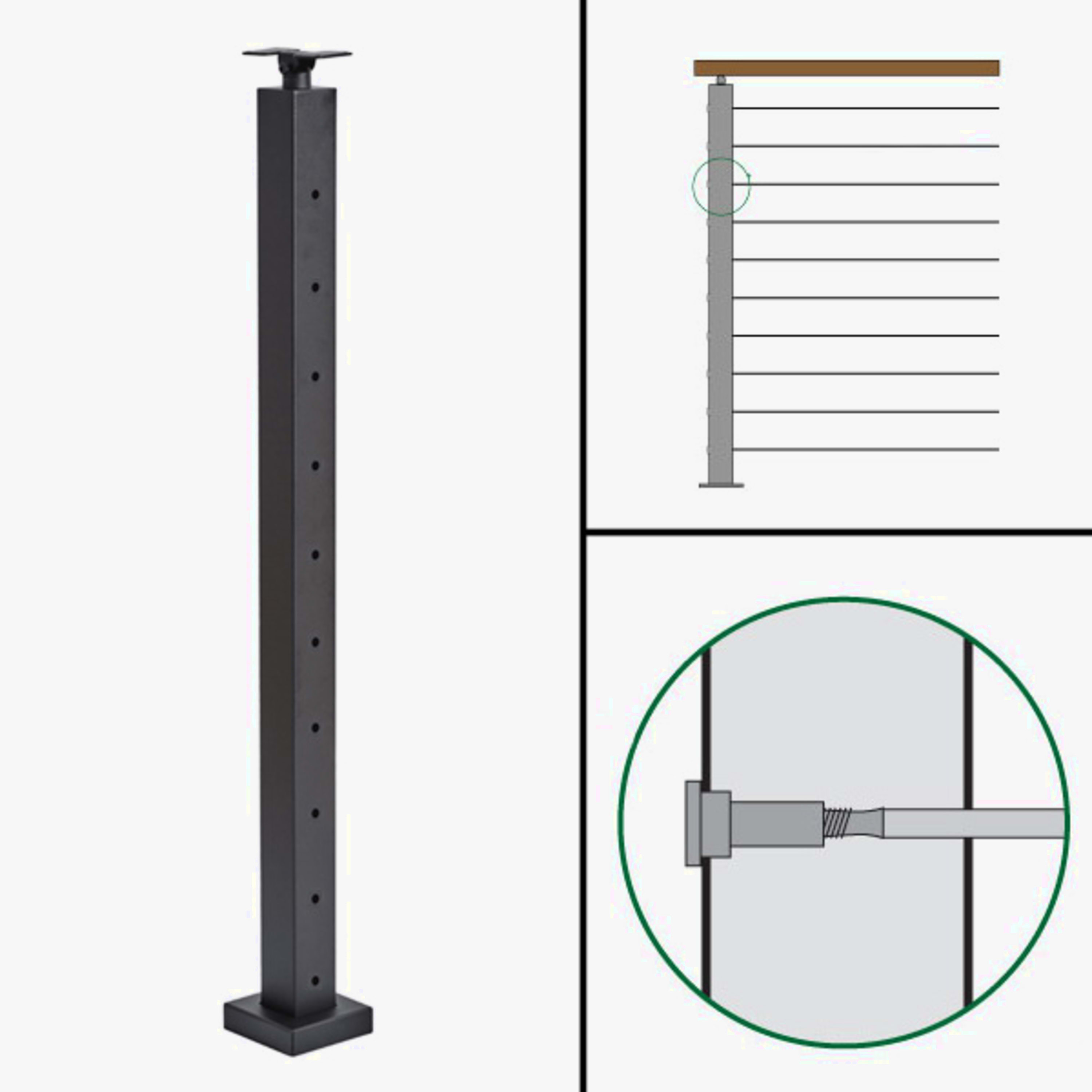 Signature Slim Rod Railing, Surface Mount, Universal Top, Level Tension Post