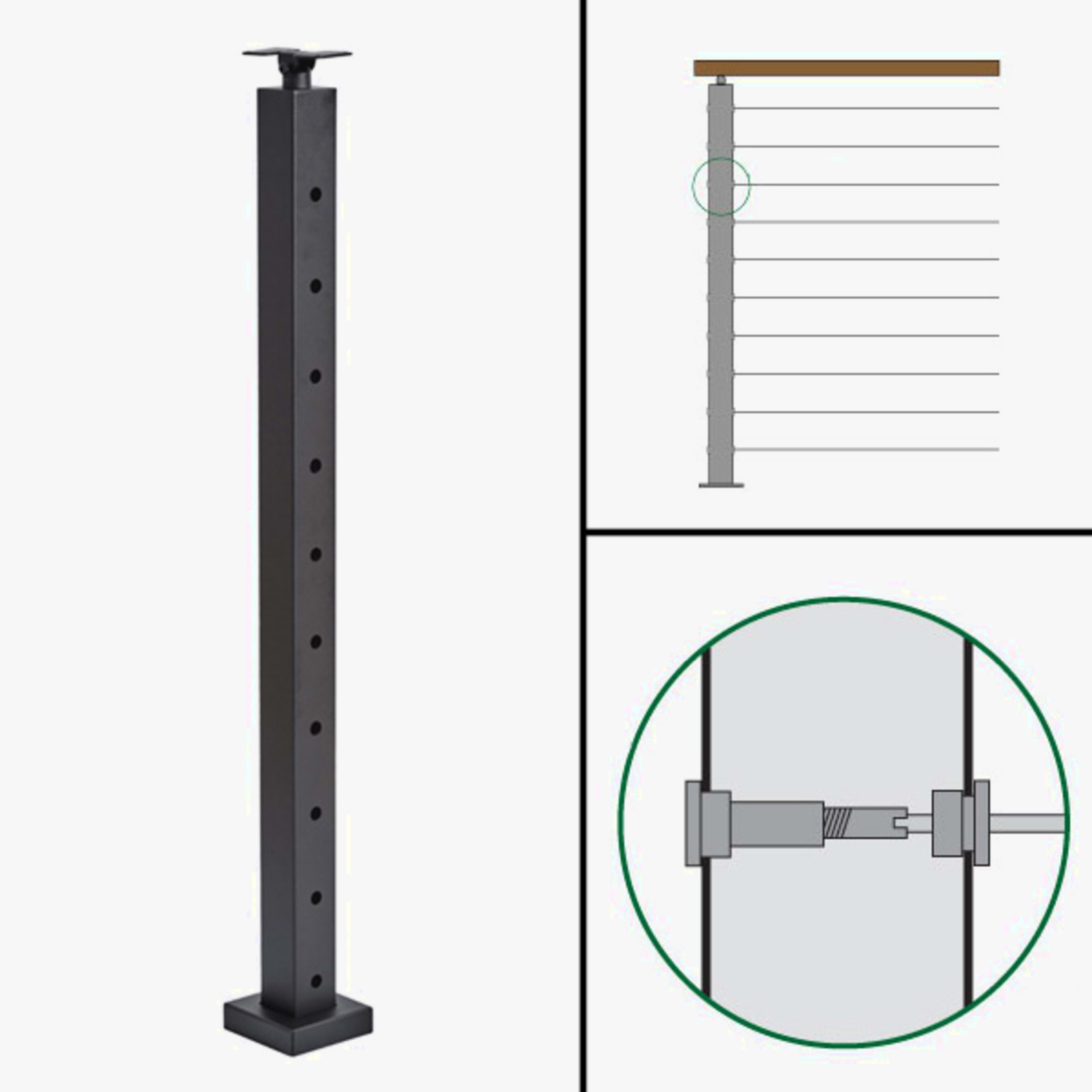 Signature Cable Railing, Surface Mount, Universal Top, Level Tension Post