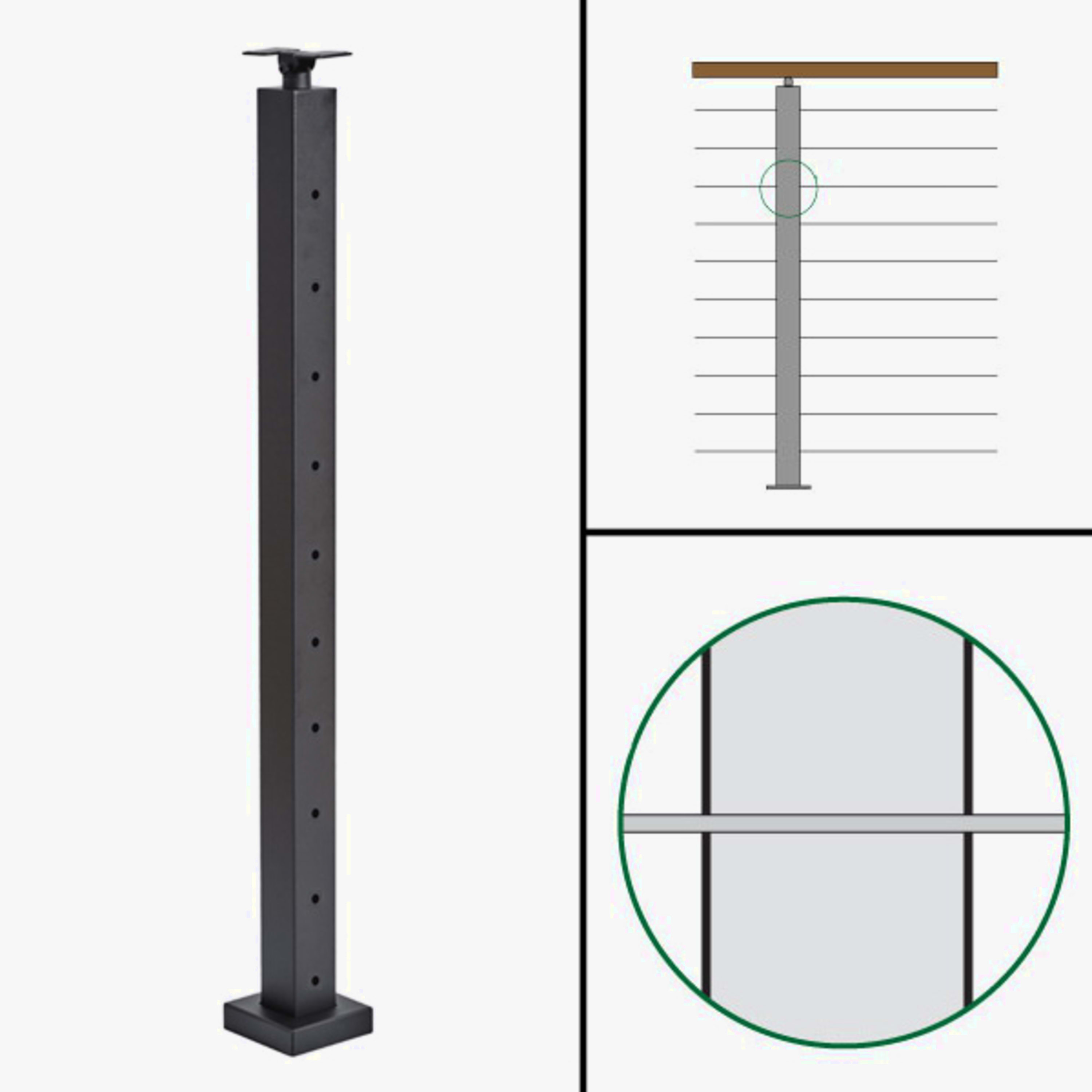 Signature Cable Railing, Surface Mount, Universal Top, Level Passthrough Post