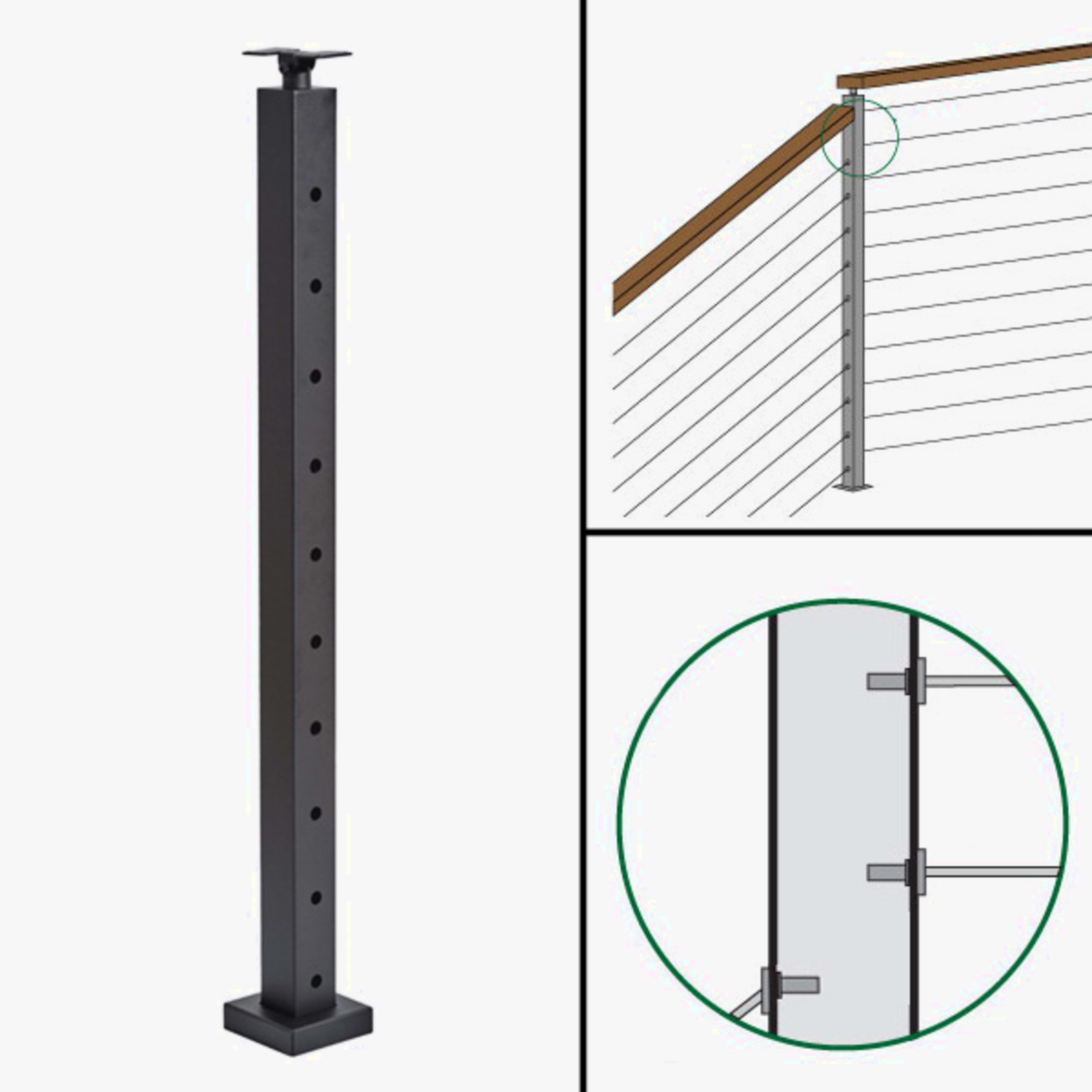 Signature Cable Railing, Surface Mount, Universal Top, Different Height Angle to level Straight Transition Post
