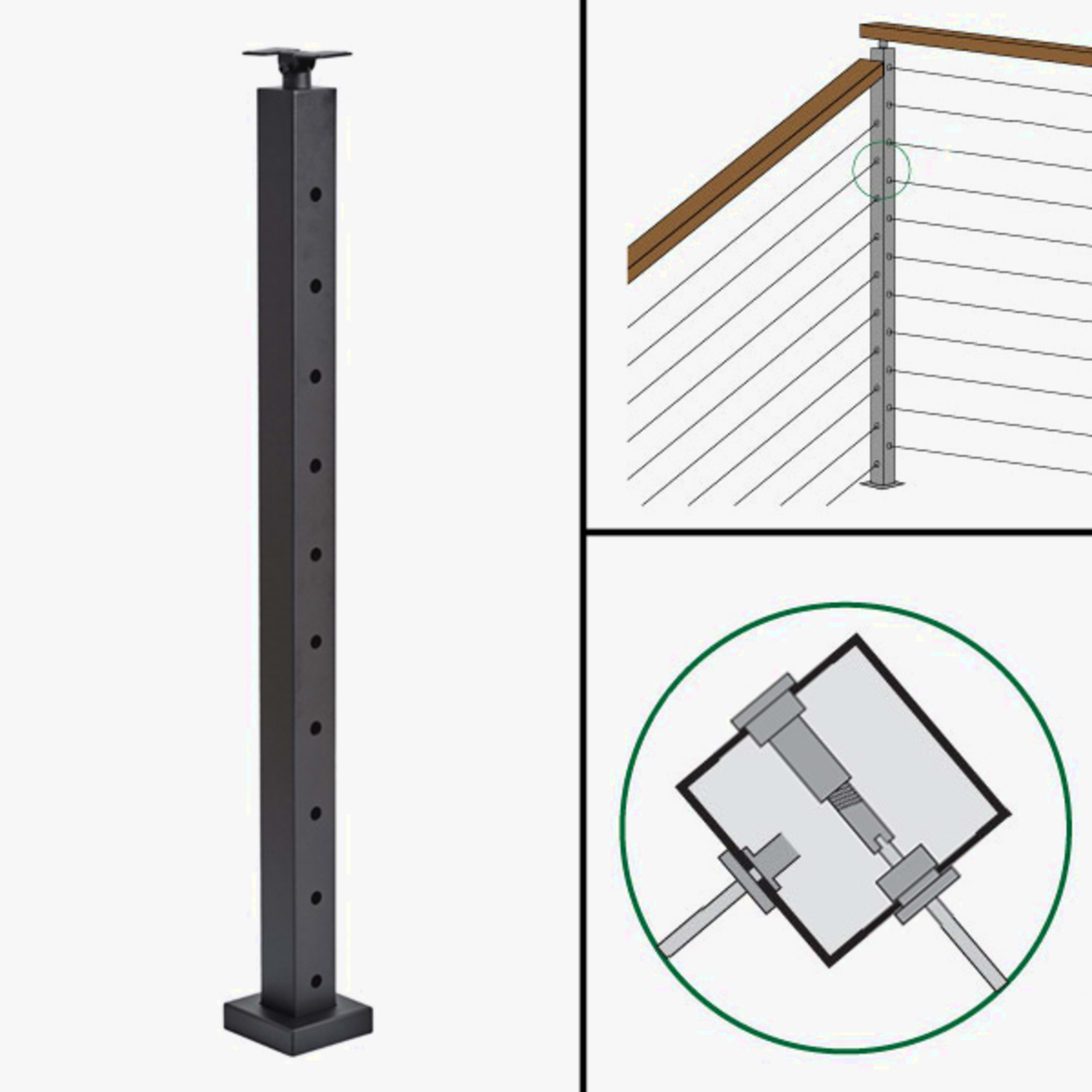 Signature Cable Railing, Surface Mount, Universal Top, Different Height Angle to Level Corner Transition Post