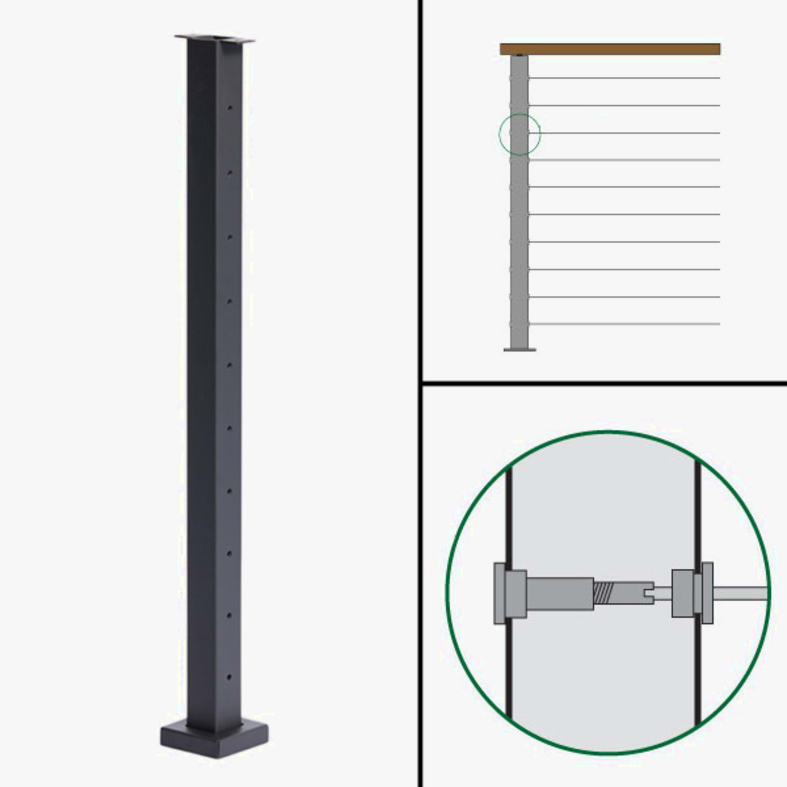 Signature Cable Railing, Surface Mount, Flat Top, Level Tension Post