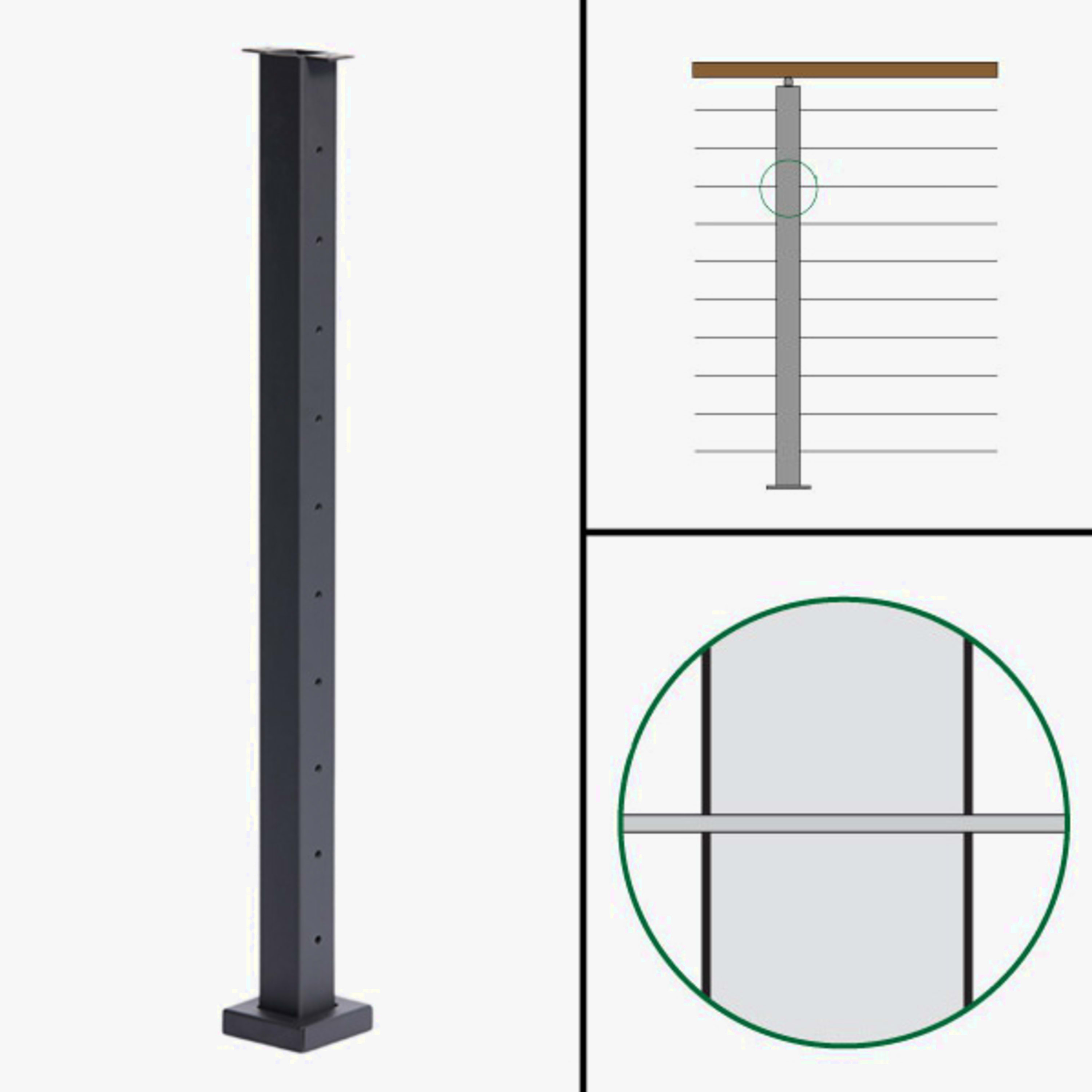 Signature Cable Railing, Surface Mount, Flat Top, Level Passthrough Post