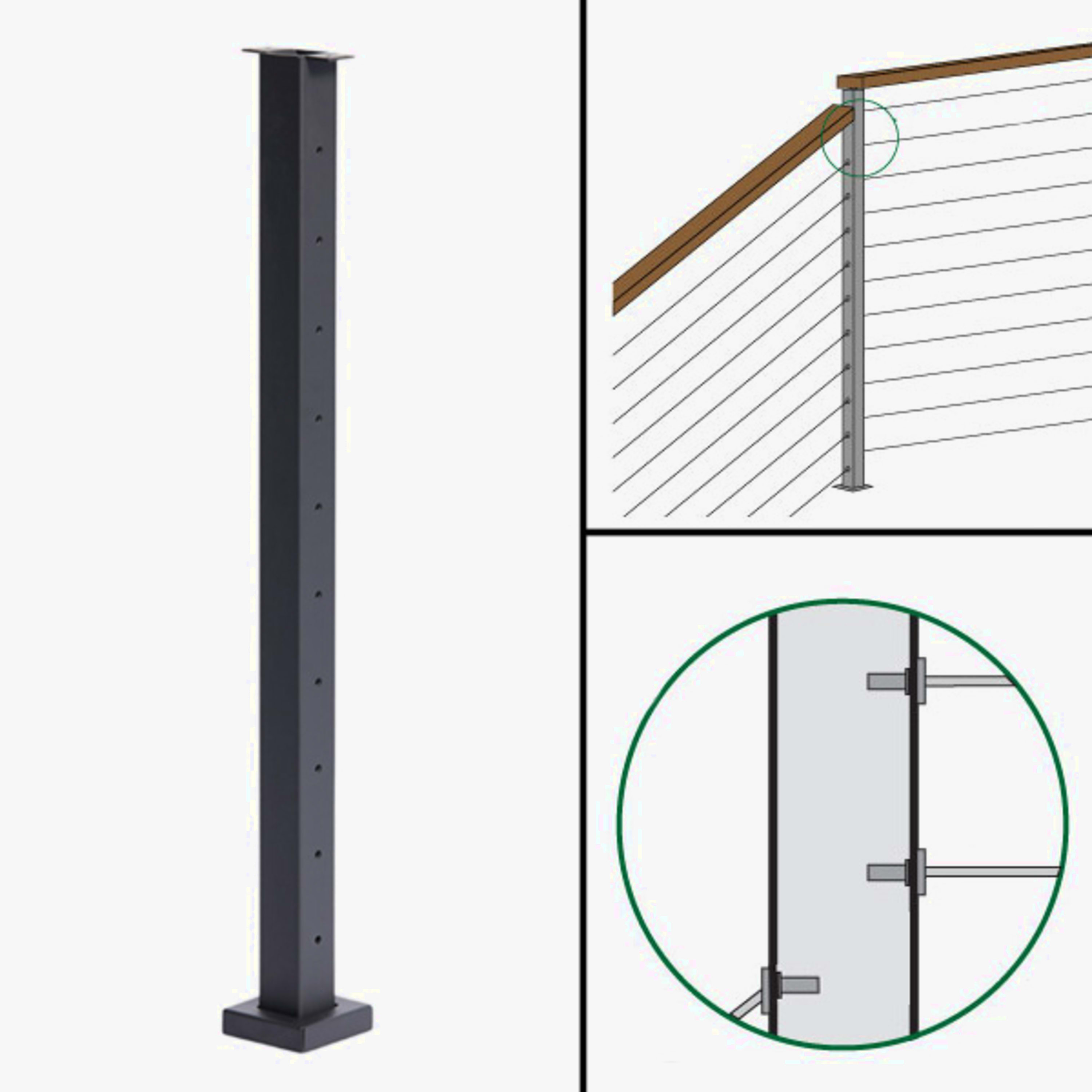 Signature Cable Railing, Surface Mount, Flat Top, Different Height Angle to level Straight Transition Post