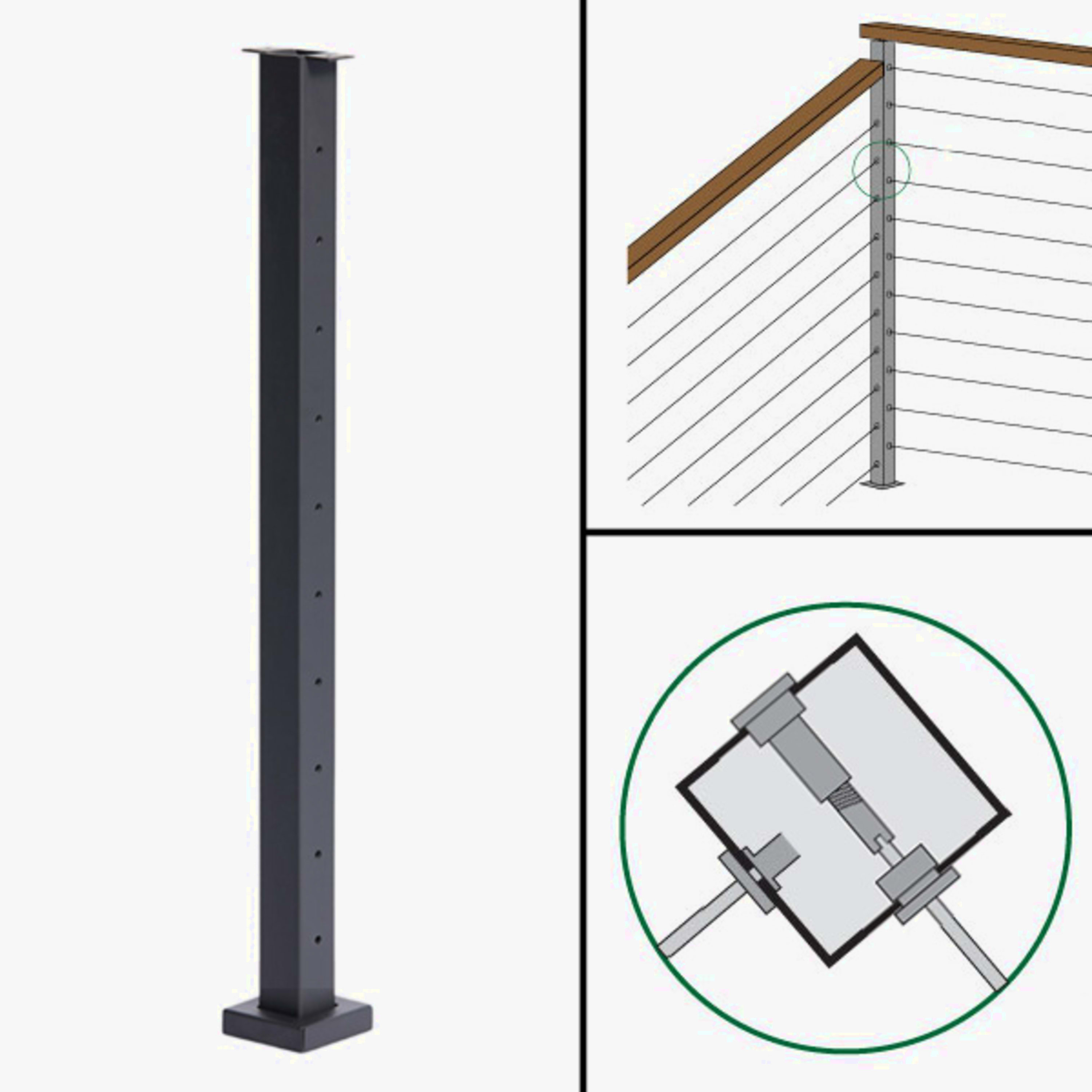 Signature Cable Railing, Surface Mount, Flat Top, Different Height Angle to Level Corner Transition Post