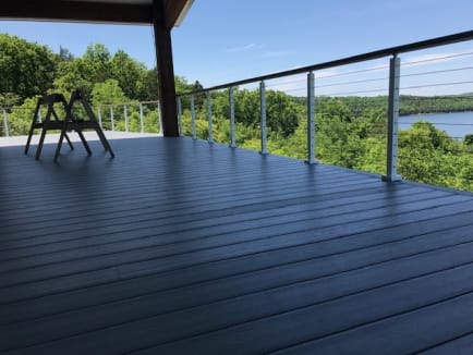 White cable railing on lake-view deck
