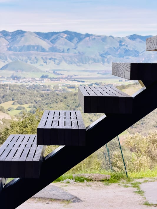 Dark textured exterior treads step up a black stringer against a valley and mountain backdrop.
