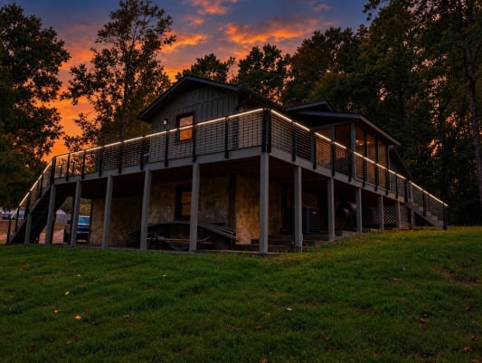 Raised wraparound deck with black cable railing and glowing LED handrail under a dramatic sunset sky.