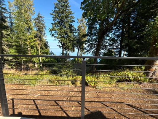 Slim aluminum posts with black horizontal rod infill along a terrace overlooking a wooded hillside.