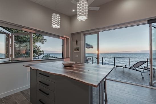 Kitchen view to cable-railed deck