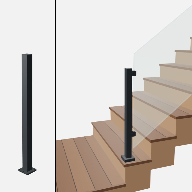 Angle End Post Bottom of Stairs, Signature Barrier Glass, Surface Mount