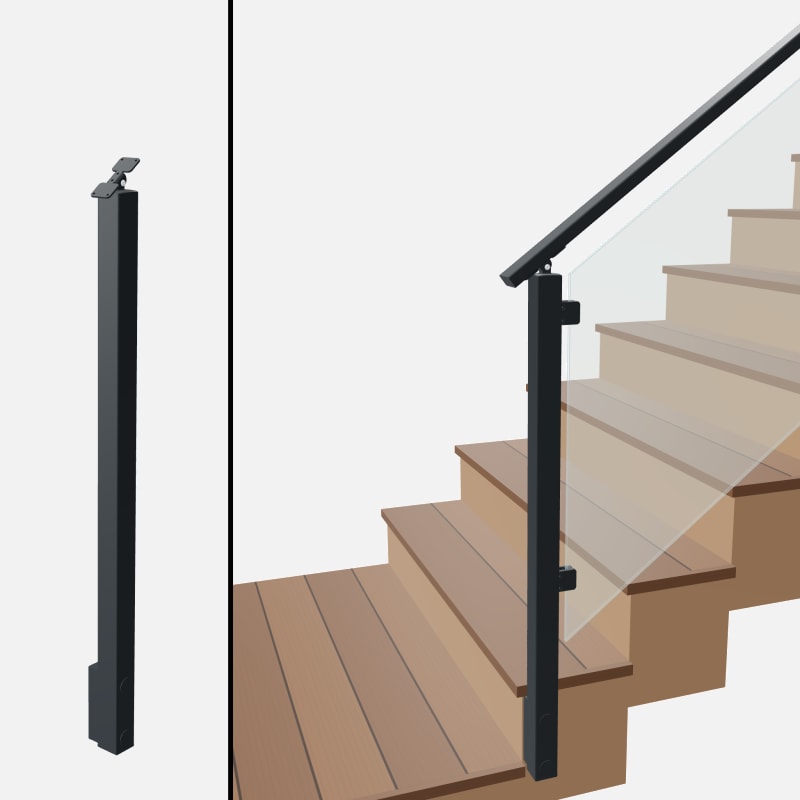 Angle End Post Bottom of Stairs, Signature Glass, Slim Side Mount, Universal Top