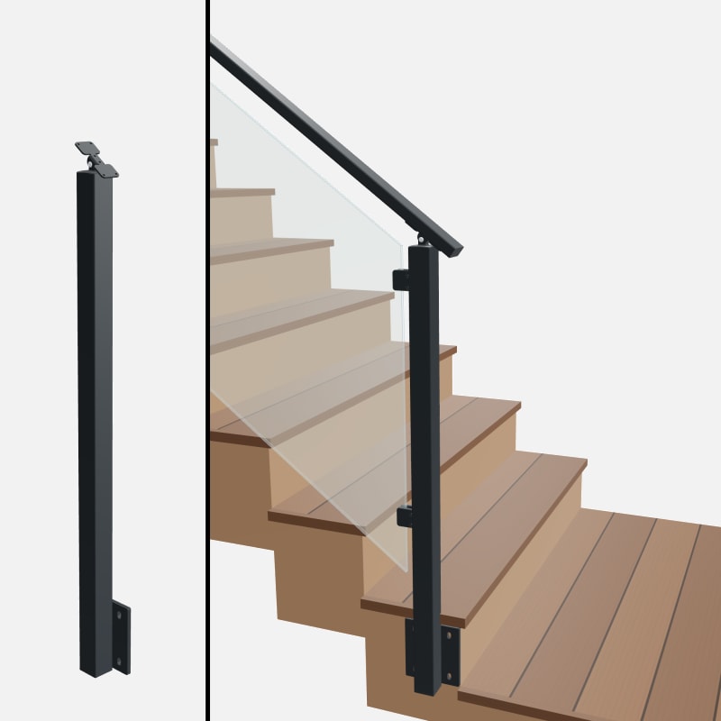 Angle End Post Bottom of Stairs, Signature Glass, Side Mount, Universal Top