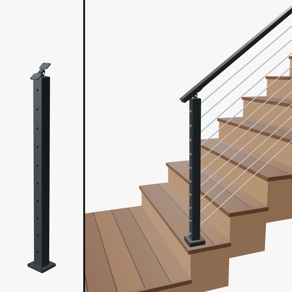 Angle End Post Bottom of Stairs, Signature Slim Rod, Surface Mount, Universal Top