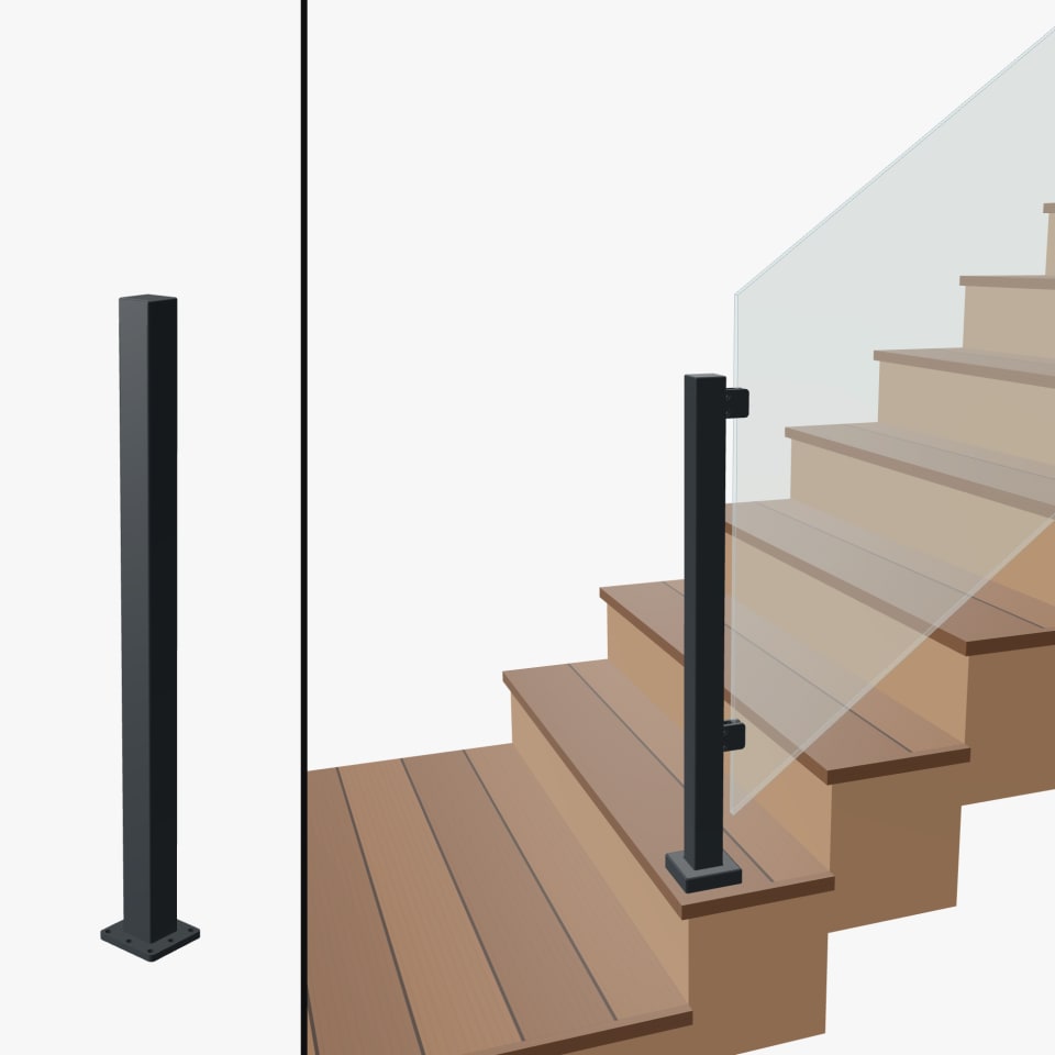 Angle End Post Bottom of Stairs, Signature Barrier Glass, Surface Mount