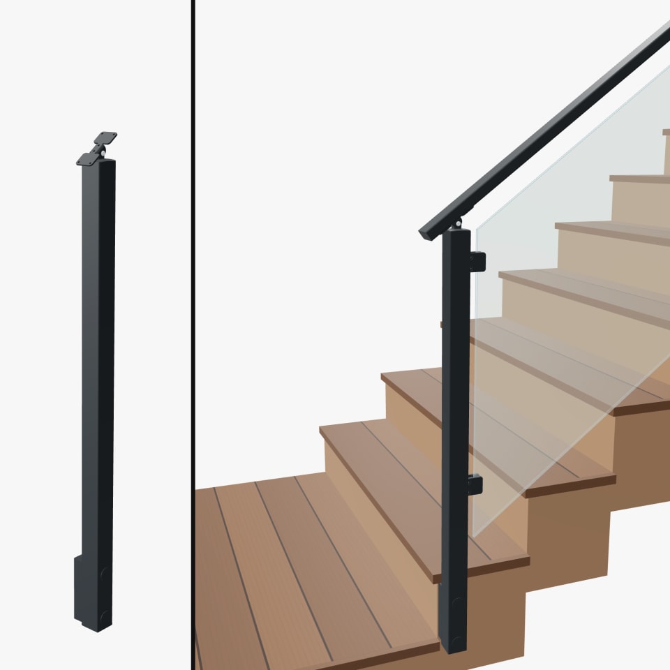 Angle End Post Bottom of Stairs, Signature Glass, Slim Side Mount, Universal Top