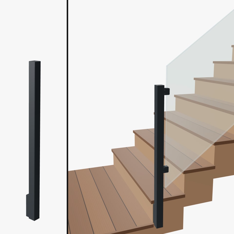 Angle End Post Bottom of Stairs, Signature Barrier Glass, Slim Side Mount