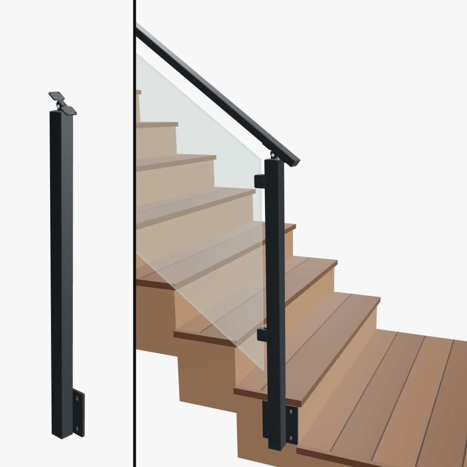 Angle End Post Bottom of Stairs, Signature Glass, Side Mount, Universal Top