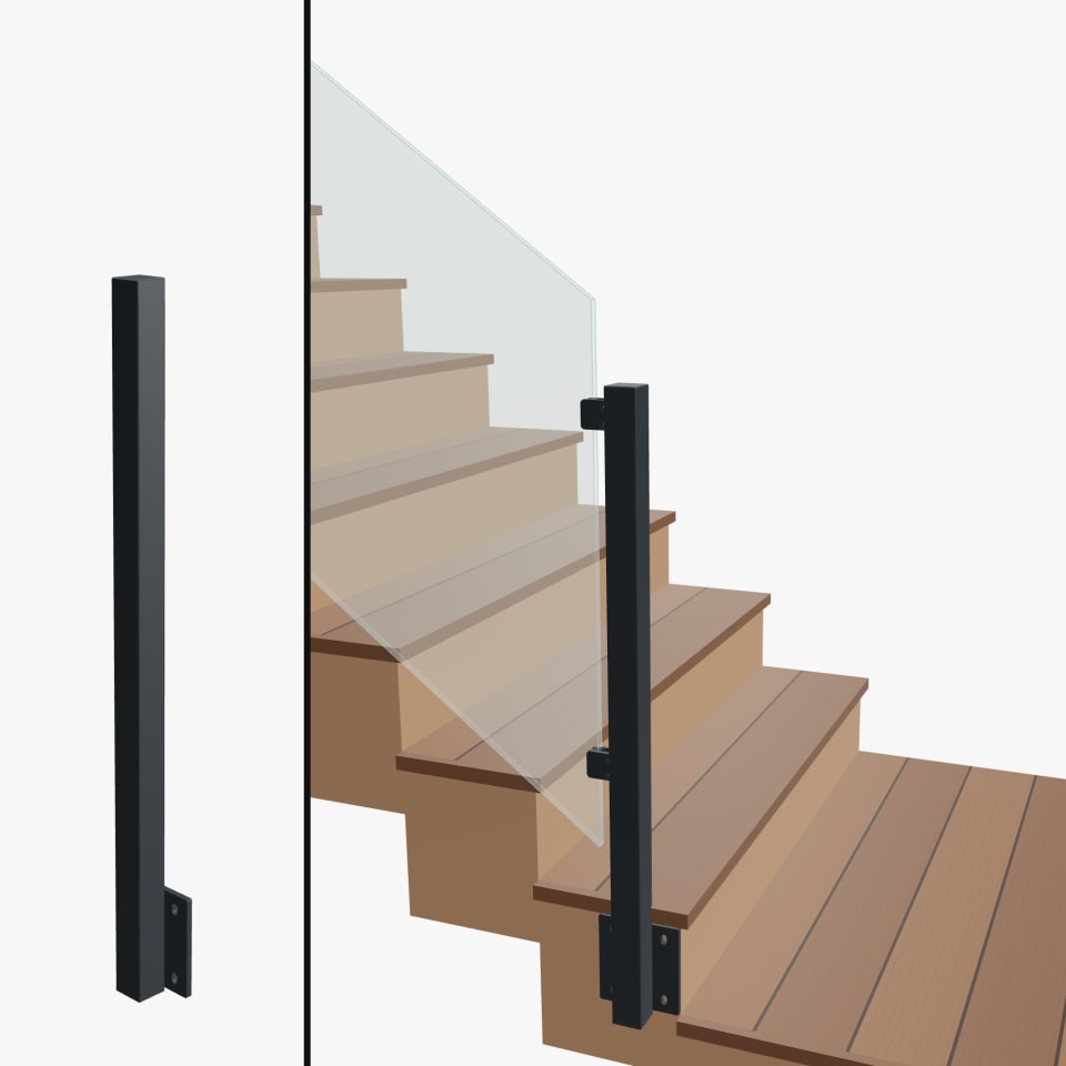 Angle End Post Bottom of Stairs, Signature Barrier Glass, Side Mount