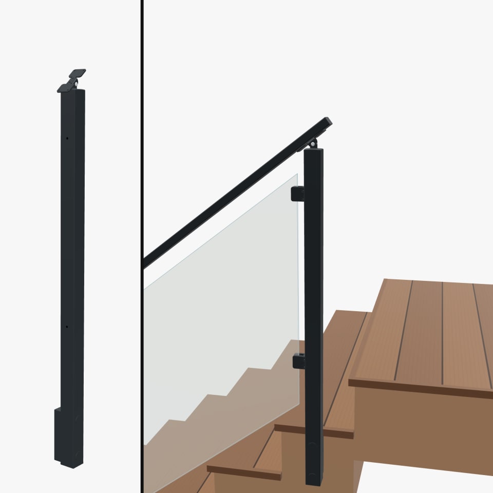 Angle End Post Rear Mount Top of Stairs, Signature Glass, Slim Side Mount, Universal Top
