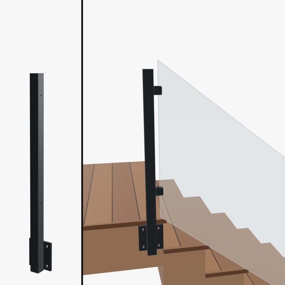 Angle End Post Top of Stairs, Signature Barrier Glass, Side Mount