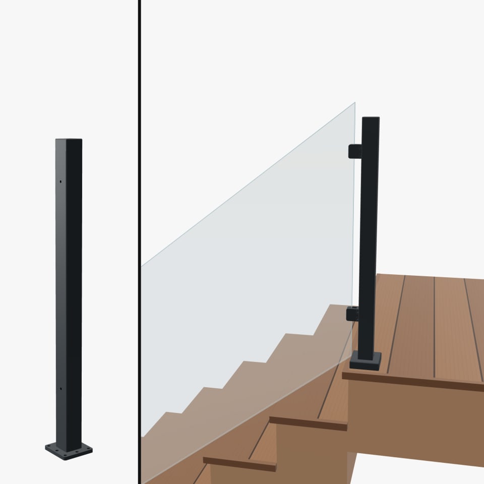 Angle End Post Top of Stairs, Signature Barrier Glass, Surface Mount