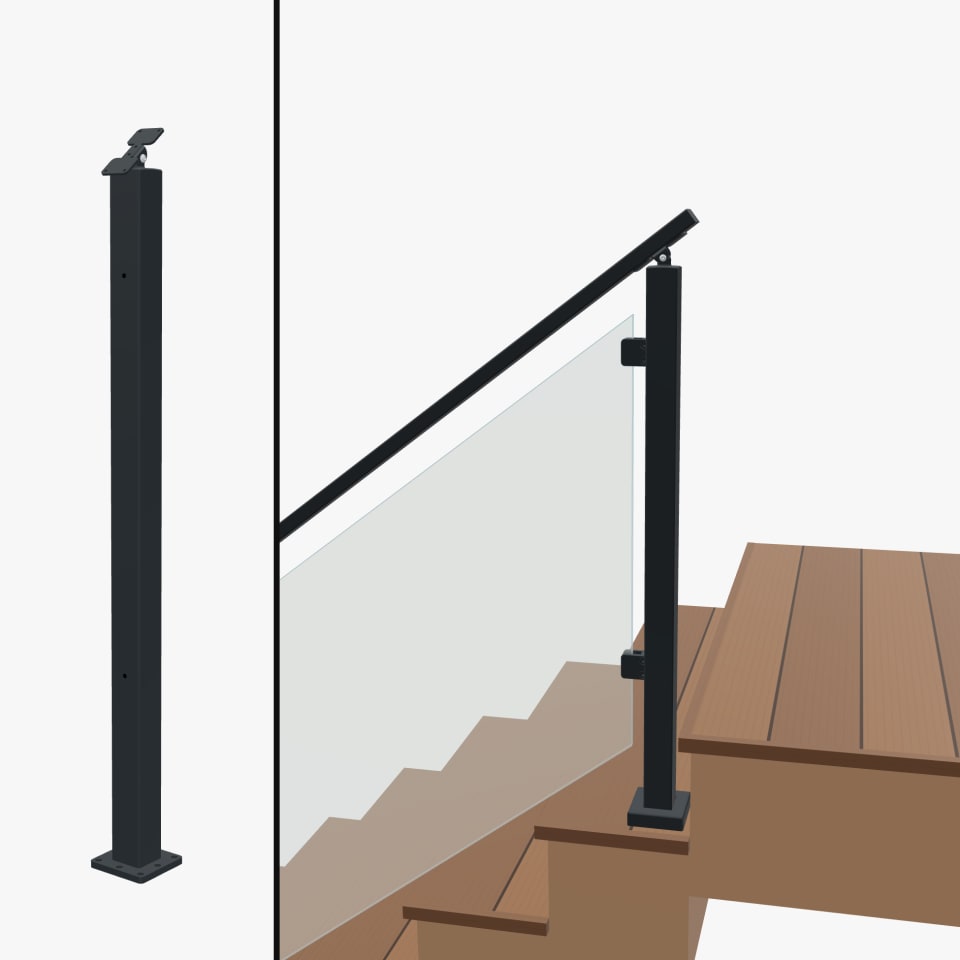 Angle End Post Rear Mount Top of Stairs, Signature Glass, Surface Mount, Universal Top